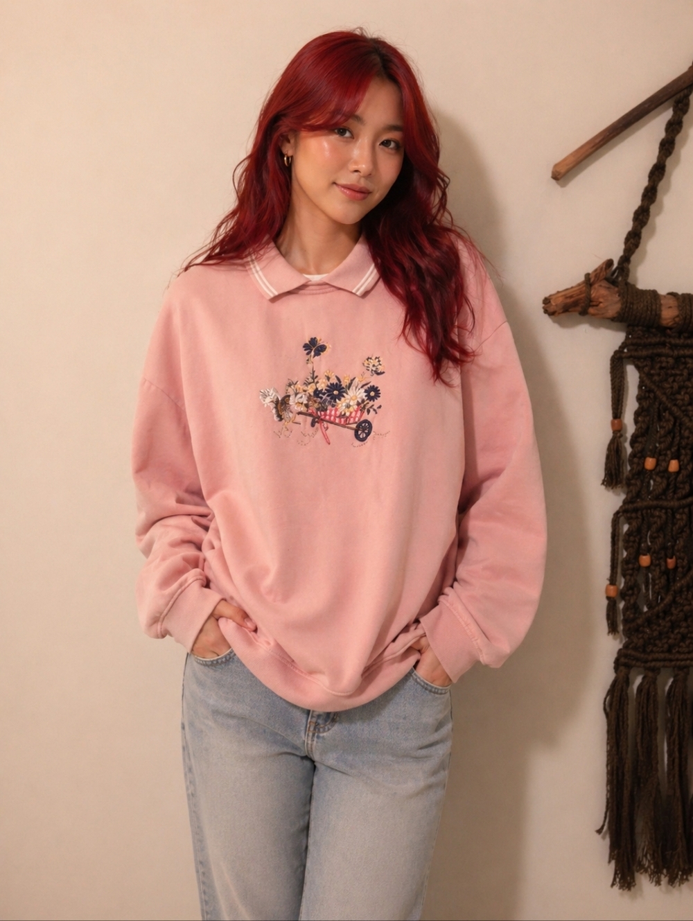 5 For $15 Pink Sweatshirt with Floral Embroidery